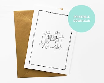 Drum Set Printable Blank Card, Musical Drummer Instrument, Greeting Card, 5 x 7 inch digital file Instant Download