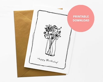 Bouquet of Flowers Printable Birthday Card, Quirky Illustration for Friend, Gardener, or Mother, 5 x 7 inch digital file Instant Download