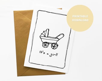 It's a Girl Printable Congratulations Card, Baby Buggy Illustration, Celebration for Baby Shower, 5 x 7 inch digital file Instant Download