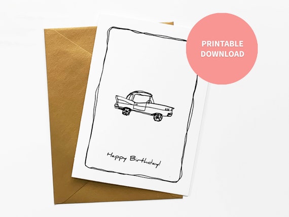 Vintage Car Printable Birthday Card Quirky Illustration for - Etsy