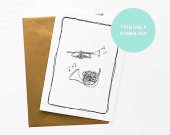 Trumpet & French Horn Printable Blank Card, Instrument Art, Greeting Card, 5 x 7 inch digital file Instant Download