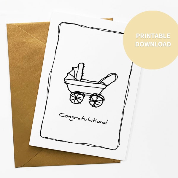 Baby Congratulations Printable Card, Gender Neutral Illustration, Celebration for Baby Shower, 5 x 7 inch digital file Instant Download