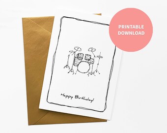 Drum Set Printable Birthday Card, Percussion Instrument for Drummer, Band, Music Teacher, Teen, 5 x 7 inch digital file Instant Download