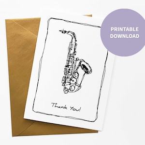 Saxophon druckbare Dankeschön-Karte für Musiklehrer, Kinder-Musikinstrument-Dankeskarte, 5 x 7 Zoll digitale Datei Sofortiger Download