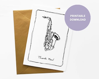 Saxophone Printable Thank You Card for Music Teacher, Kids Musical Instrument Thank you Card, 5 x 7 inch digital file Instant Download