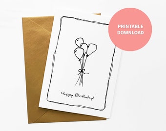 Balloons Printable Birthday Card, Quirky Art for Granddaughter, Grandson, Little Boy or Girl, 5 x 7 inch digital file Instant Download