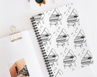 Grand Piano Music Instrument Illustration Lined School Spiral Notebook, Blank Journal for Back to School, Music Teacher, Student, or Pianist
