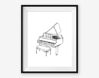 Arte de pared imprimible de piano de cola, decoración de instrumentos musicales, archivo digital de 8 x 10 pulgadas, descarga instantánea para guardería, aula o dormitorio