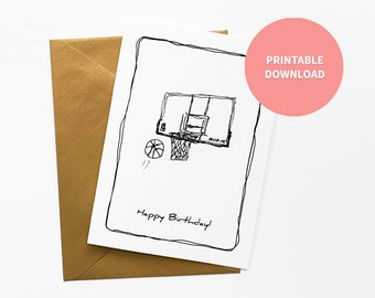 Basketball Printable Birthday Card, Basketball Hoop and Basketball Art | 5 x 7 inch digital file | Instant Download
