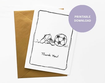 Soccer Printable Thank You Card, Soccer Ball Sports Illustration, Thank you Card for Coach, 5 x 7 inch digital file Instant Download