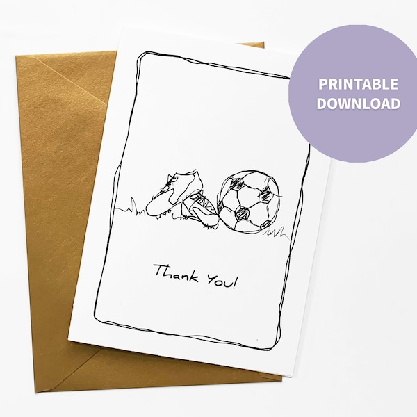 Soccer Printable Thank You Card, Soccer Ball Sports Illustration, Thank you Card for Coach, 5 x 7 inch digital file Instant Download