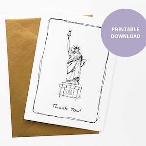 Cartão de agradecimento para impressão da Estátua da Liberdade, arte ilustrativa infantil da cidade de Nova York, cartão de agradecimento, arquivo digital de 5 x 7 polegadas Download instantâneo