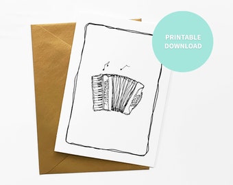 Accordion Printable Blank Card, Musical Instrument Art, Greeting Card, 5 x 7 inches digital file Instant Download