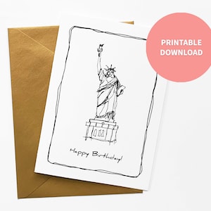 Cartão de aniversário para impressão da Estátua da Liberdade, ilustração peculiar da cidade de Nova York para amante de viagens em Nova York, arquivo digital de 5 x 7 polegadas Download instantâneo
