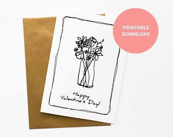 Happy Valentine's Day Card | Cute Flower Bouquet Illustration | Instant Download | 5 x 7 inch Blank Card