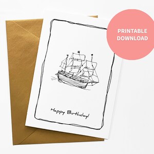 Tarjeta de cumpleaños imprimible de velero, ilustración náutica para pirata, marinero, pescador, amante de la playa, archivo digital de 5 x 7 pulgadas