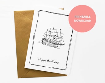 Sailing Ship Printable Birthday Card, Nautical Illustration for Pirate, Sailor, Fisherman, Beach Lover, 5 x 7 inch digital file