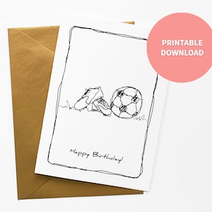 Voetbal afdrukbare verjaardagskaart voor sportieve jongen of meisje atleet of coach, 5 x 7 inch digitaal bestand direct downloaden