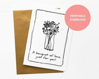 Happy Valentine's Day Card | Cute Flower Bouquet of Love Illustration | Instant Download | 5 x 7 inch Blank Card