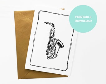 Saxophone Printable Blank Card, Musical Instrument Art, Greeting Card, 5 x 7 inch digital file Instant Download