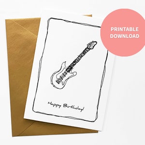 Elektrische gitaar afdrukbare verjaardagskaart, rock-'n-roll muziek voor vader, tiener, zoon of band 5 x 7 inch digitaal bestand direct downloaden