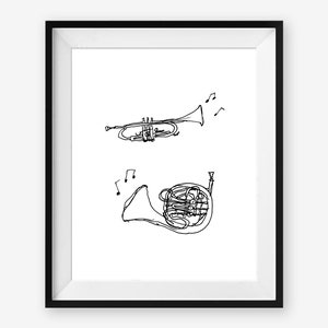 Trumpet & French Horn Printable Wall Art, Brass Instrument Decor, 8 x 10 inch digital file Instant Download for School Band or Music Teacher