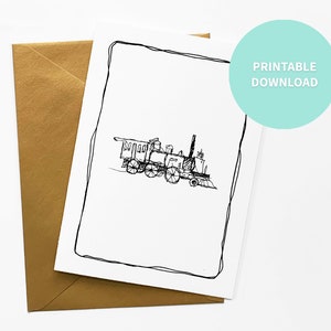 Tarjeta imprimible de tren, ilustración de locomotora vintage, tarjeta de felicitación, archivo digital de 5 x 7 pulgadas Descarga instantánea