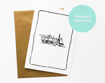 Train Printable Card, Vintage Locomotive Illustration, Greeting Card, 5 x 7 inch digital file Instant Download