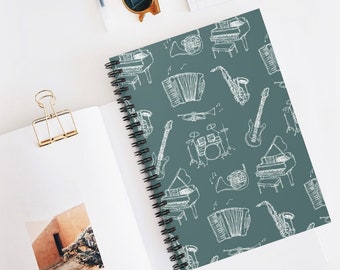 Teal Musical Instrument Band, Concert, Orchestra Illustration Lined School Spiral Notebook, Blank Journal for School, Music Teacher, Student