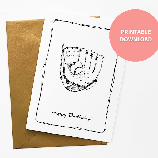 Baseball Printable Birthday Card, Quirky Baseball Glove for Sports Little Boy, Dad, Grandpa or Teen 5 x 7 inch digital file Instant Download