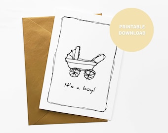 It's a Boy Printable Congratulations Card, Baby Buggy Illustration, Celebration for Baby Shower, 5 x 7 inch digital file Instant Download