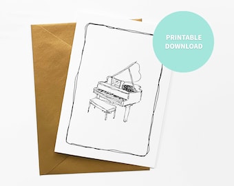 Karta do druku Grand Piano dla pianisty lub muzyka, kartka okolicznościowa, plik cyfrowy 5 x 7 cali, natychmiastowe pobranie