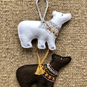Scandi folk art polar bear or grizzly bear felt handmade and embroidered hanging ornament