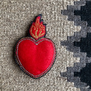 Mexican Milagro handmade and embroidered felt flamed sacred heart