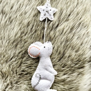 Handmade little white mouse, felt and embroidered wishing on a star ornament
