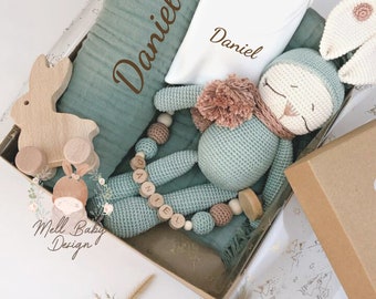 Newborn Baby Gift Box , Amigurumi Toy,wooden rabbit,custom muslin blanket,pacifier chain and body
