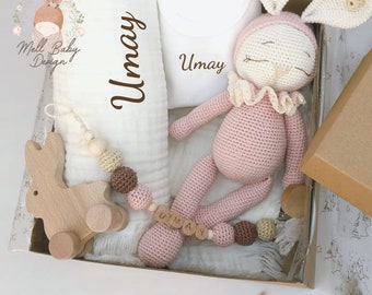 Newborn Baby Gift Box , Amigurumi Toy, wooden rabbit ,custom muslin blanket ,pacifier chain and body
