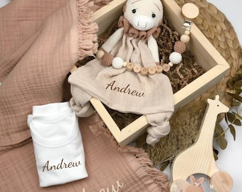 Newborn Baby Gift Box , Amigurumi Toy,wooden rabbit,custom muslin blanket,pacifier chain and body