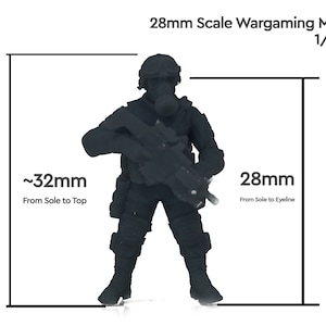 May include: A black plastic 28mm scale wargaming miniature figure of a soldier wearing a gas mask and holding a rifle. The figure is approximately 32mm tall.