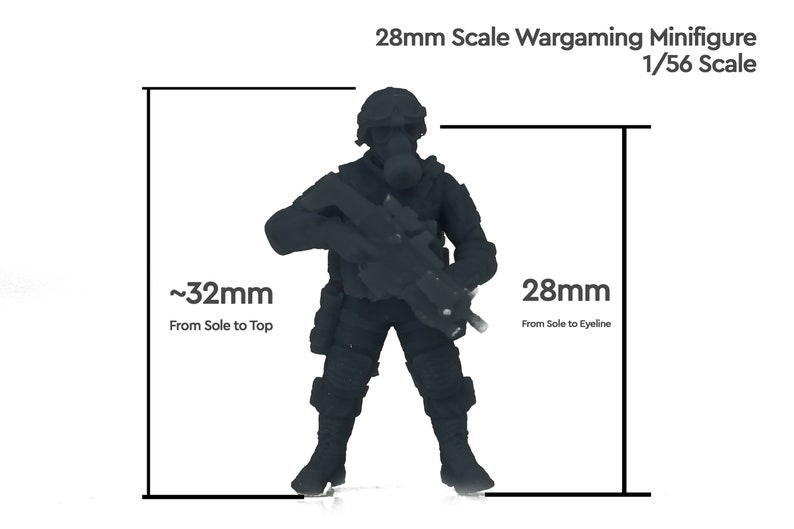 May include: A black plastic 28mm scale wargaming miniature figure of a soldier wearing a gas mask and holding a rifle. The figure is approximately 32mm tall.