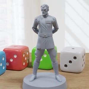 May include: A gray plastic figurine of a man in a military uniform standing on a gray base. The figurine is surrounded by four colorful dice.