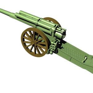 Puede incluir: Un ca&ntilde;&oacute;n de metal verde con una rueda de madera marr&oacute;n. El ca&ntilde;&oacute;n tiene un ca&ntilde;&oacute;n largo y un mecanismo complejo.