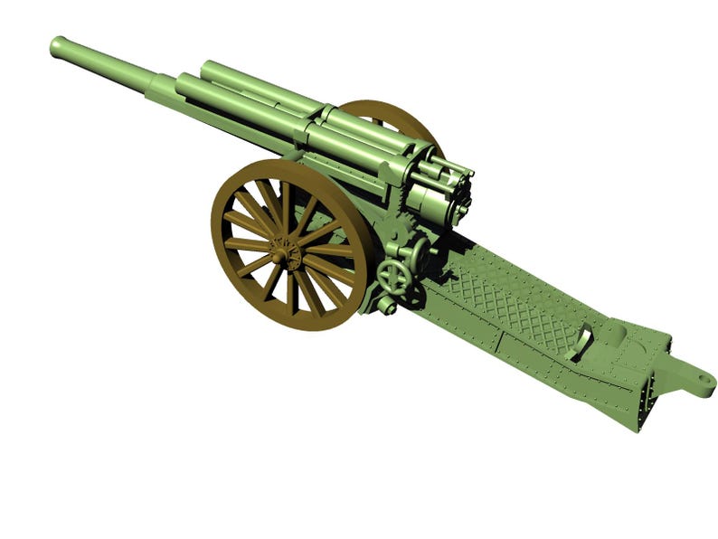 Puede incluir: Un ca&ntilde;&oacute;n de metal verde con una rueda de madera marr&oacute;n. El ca&ntilde;&oacute;n tiene un ca&ntilde;&oacute;n largo y un mecanismo complejo.