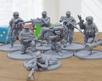 May include: A set of seven gray plastic miniature figures of soldiers, each holding a different weapon, standing on round bases.