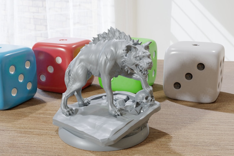 May include: A gray, detailed miniature of a snarling, wolf-like creature with a skull in its mouth. The miniature is standing on a base with a sculpted stone texture.