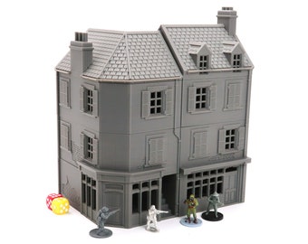 May include: A gray plastic model of a two-story building with a storefront. The building has a gray tiled roof and several windows. There are five miniature figures standing in front of the building.