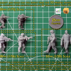 Pode incluir: Imagem de miniaturas impressas em 3D em cinza, retratando soldados com rifles, em v&aacute;rias escalas: 20 mm, 28 mm e 32 mm. Um c&iacute;rculo de 25 mm de di&acirc;metro tamb&eacute;m &eacute; mostrado. O texto descreve a qualidade e a escala.