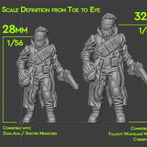 May include: Two 3D printed miniature figures of people wearing futuristic clothing and holding guns. The figures are 28mm and 32mm tall, and are compatible with Zona Alfa, Spectre Miniatures, Fallout: Wasteland Warfare, and Cyberpunk Red.
