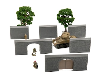 May include: A set of six gray stone wall sections for model railroading or miniature wargaming. The set includes two straight walls, two curved walls, and two arched walls. The walls are made of a realistic stone texture and are perfect for creating a variety of scenes.