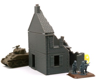 May include: A gray plastic model of a ruined building with a gray plastic tank and three gray plastic figures in front of it.